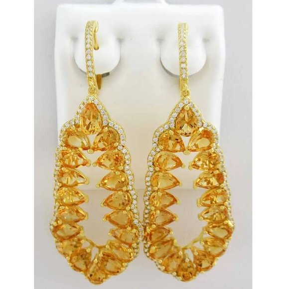Genuine 22.70 Cts Yellow Topaz & W/sapphires Hoop-huggies Earrings .925 Silver